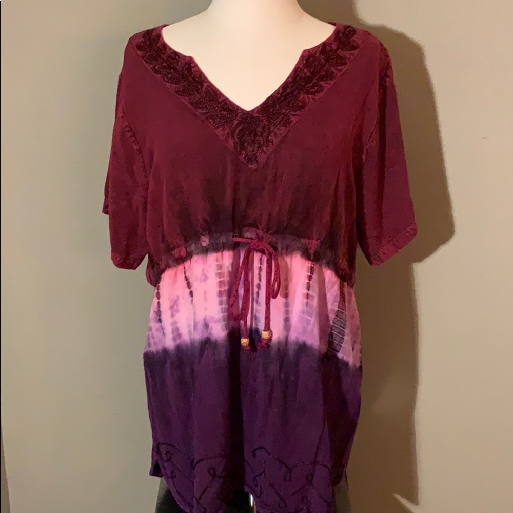 Jackpot BOHO Tie Dye Drawstring V-neck Tunic Large